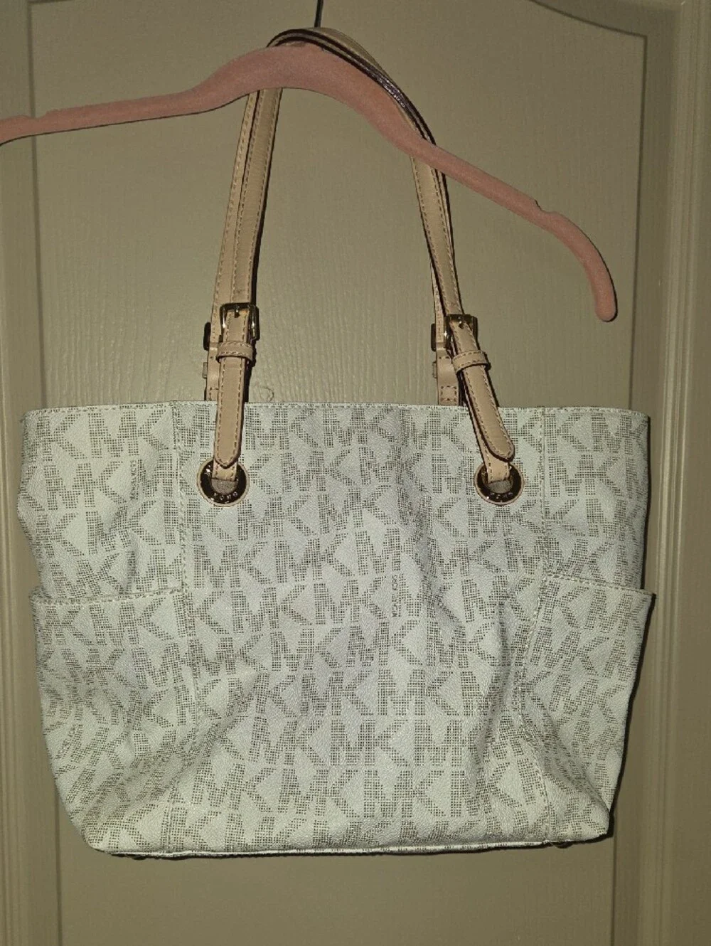 Michael Kors White and Beige MK Logo Tote with Gold Hardware